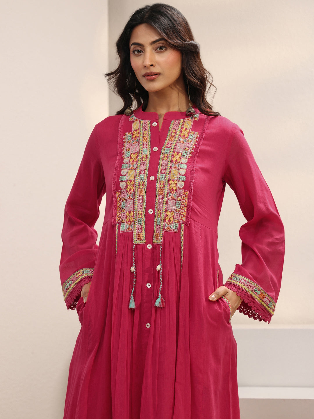 Pink Embroidered Cotton A-Line Suit Set With Dupatta