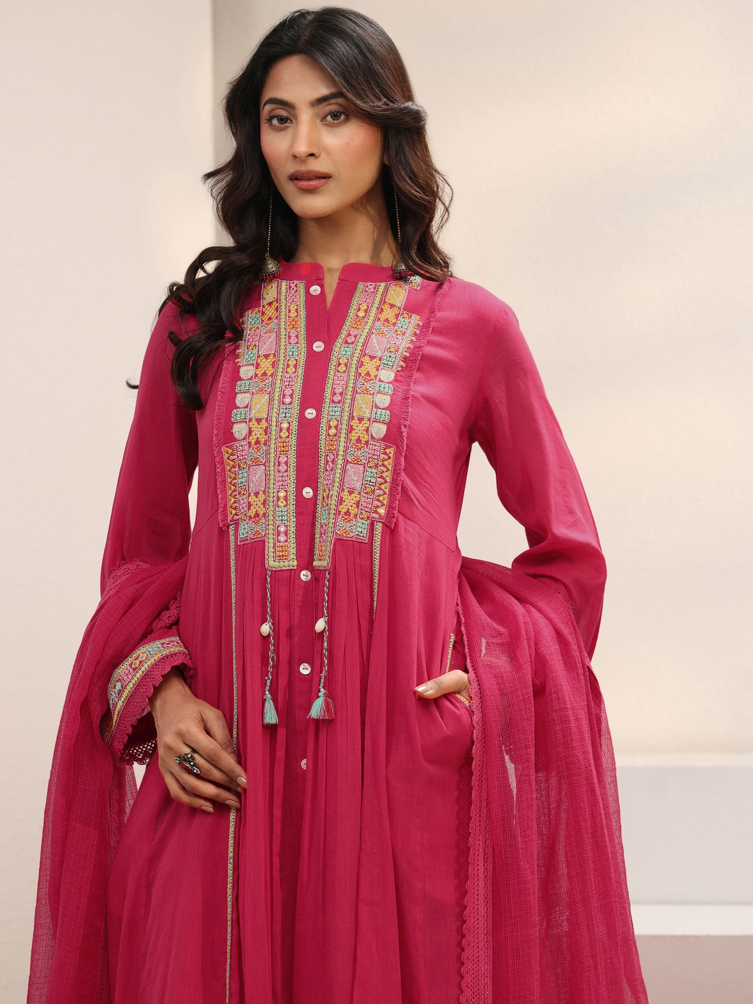 Pink Embroidered Cotton A-Line Suit Set With Dupatta