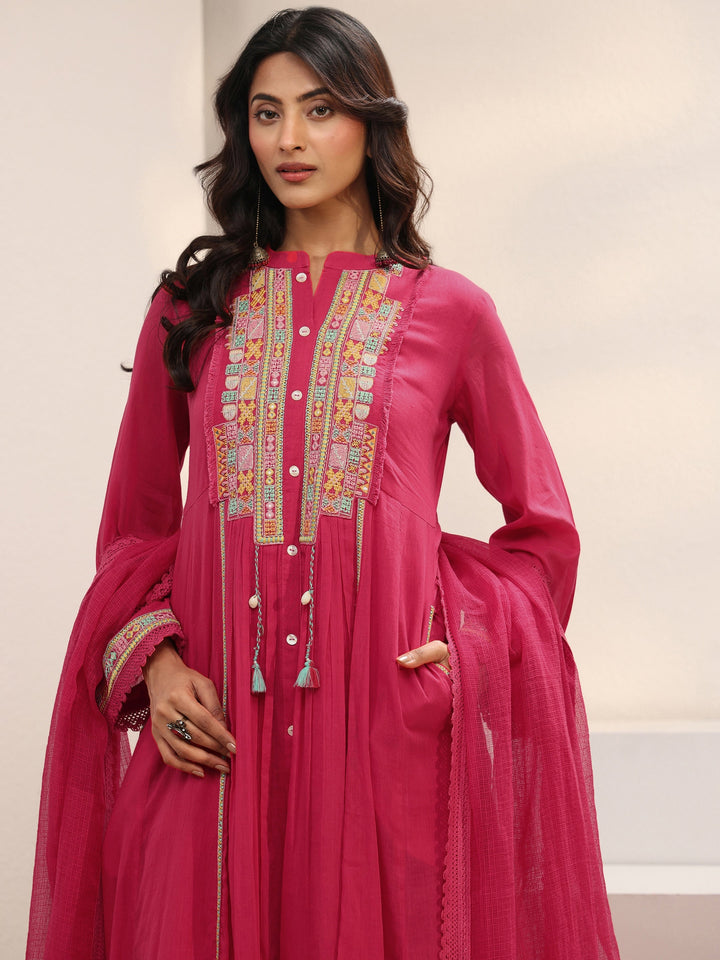 Pink Embroidered Cotton A-Line Suit Set With Dupatta