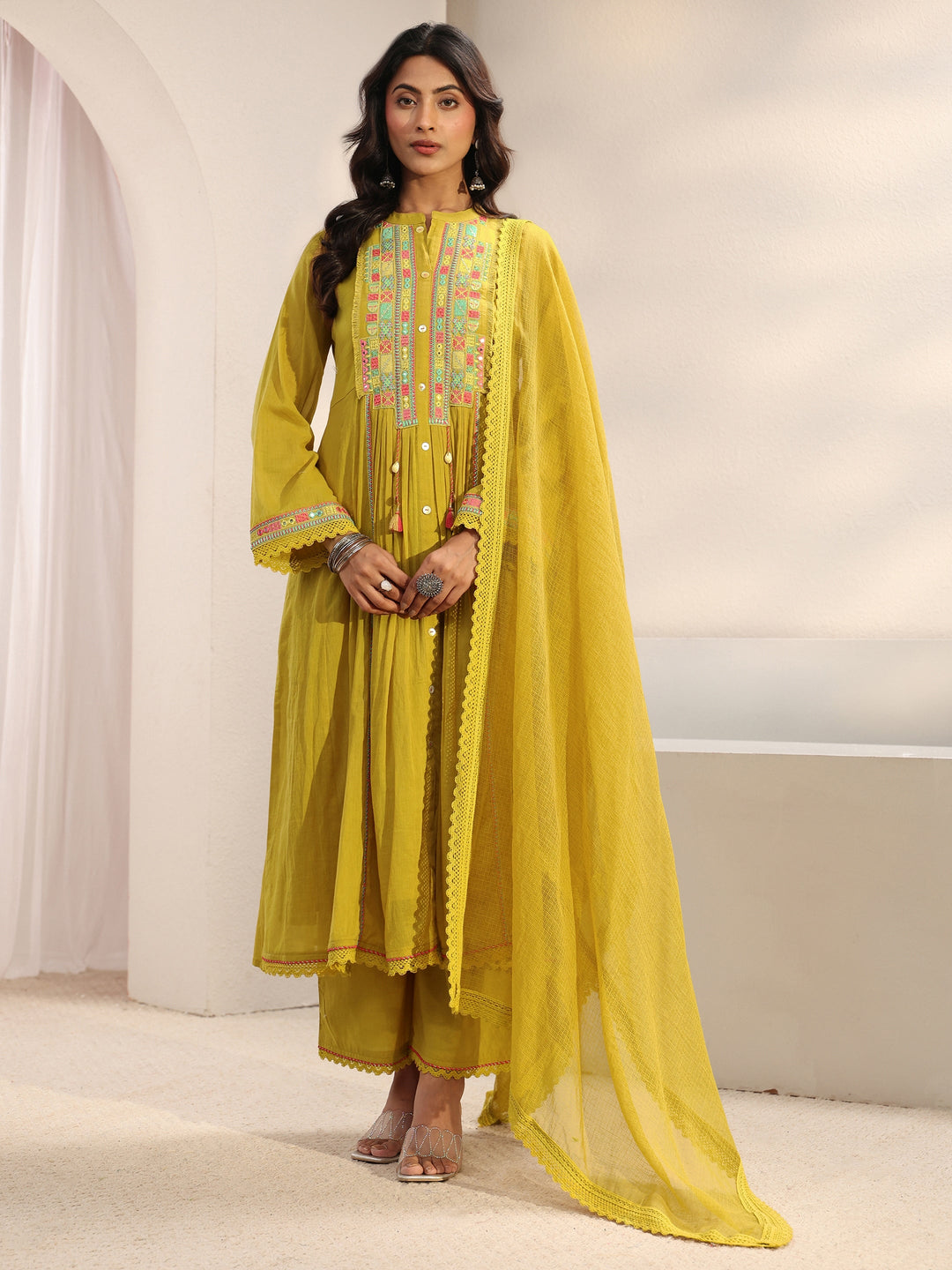 Lime Green Embroidered Cotton A-Line Suit Set With Dupatta