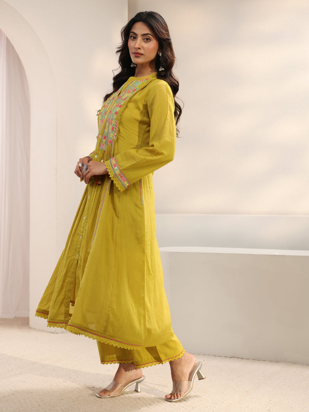 Lime Green Embroidered Cotton A-Line Suit Set With Dupatta