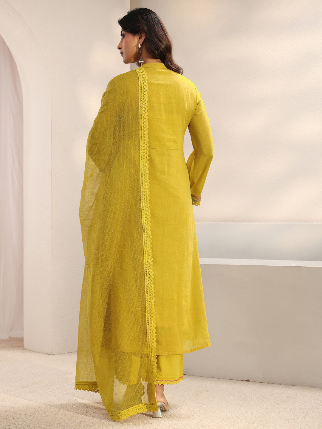 Lime Green Embroidered Cotton A-Line Suit Set With Dupatta