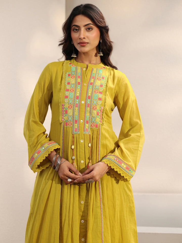 Lime Green Embroidered Cotton A-Line Suit Set With Dupatta