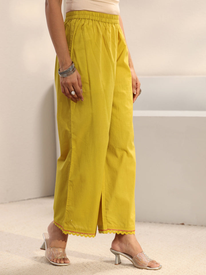 Lime Green Embroidered Cotton A-Line Suit Set With Dupatta