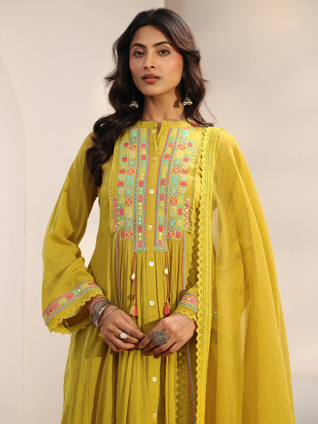 Lime Green Embroidered Cotton A-Line Suit Set With Dupatta