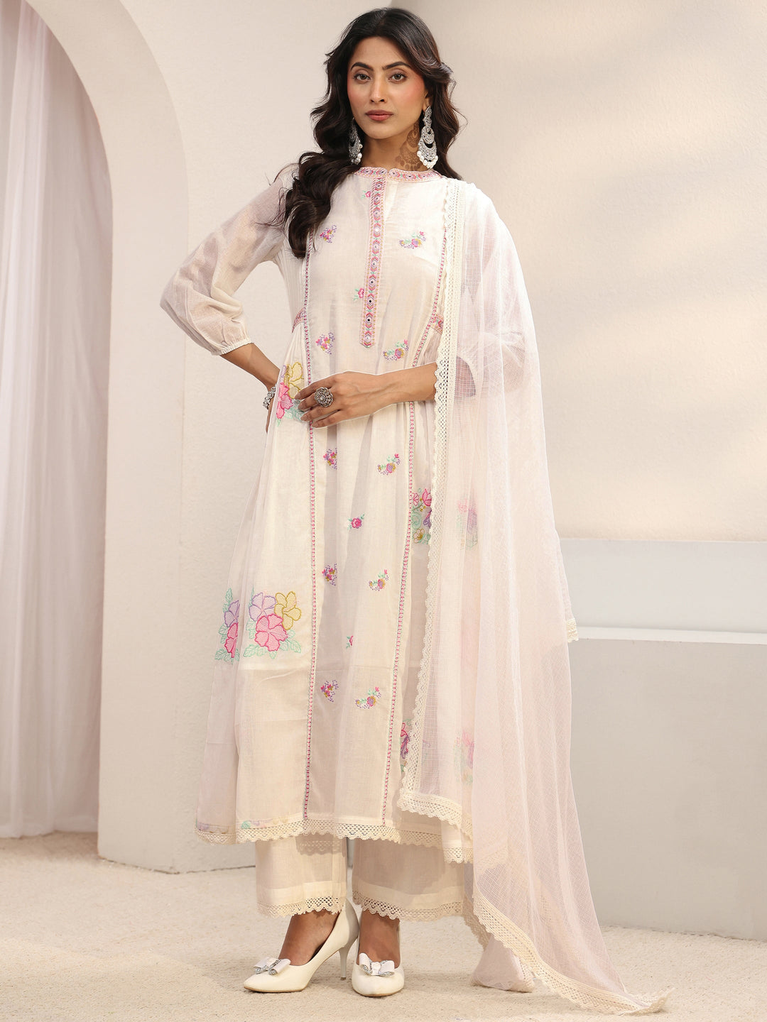 White Floral Embroidered Cotton Blend A-Line Suit Set With Dupatta