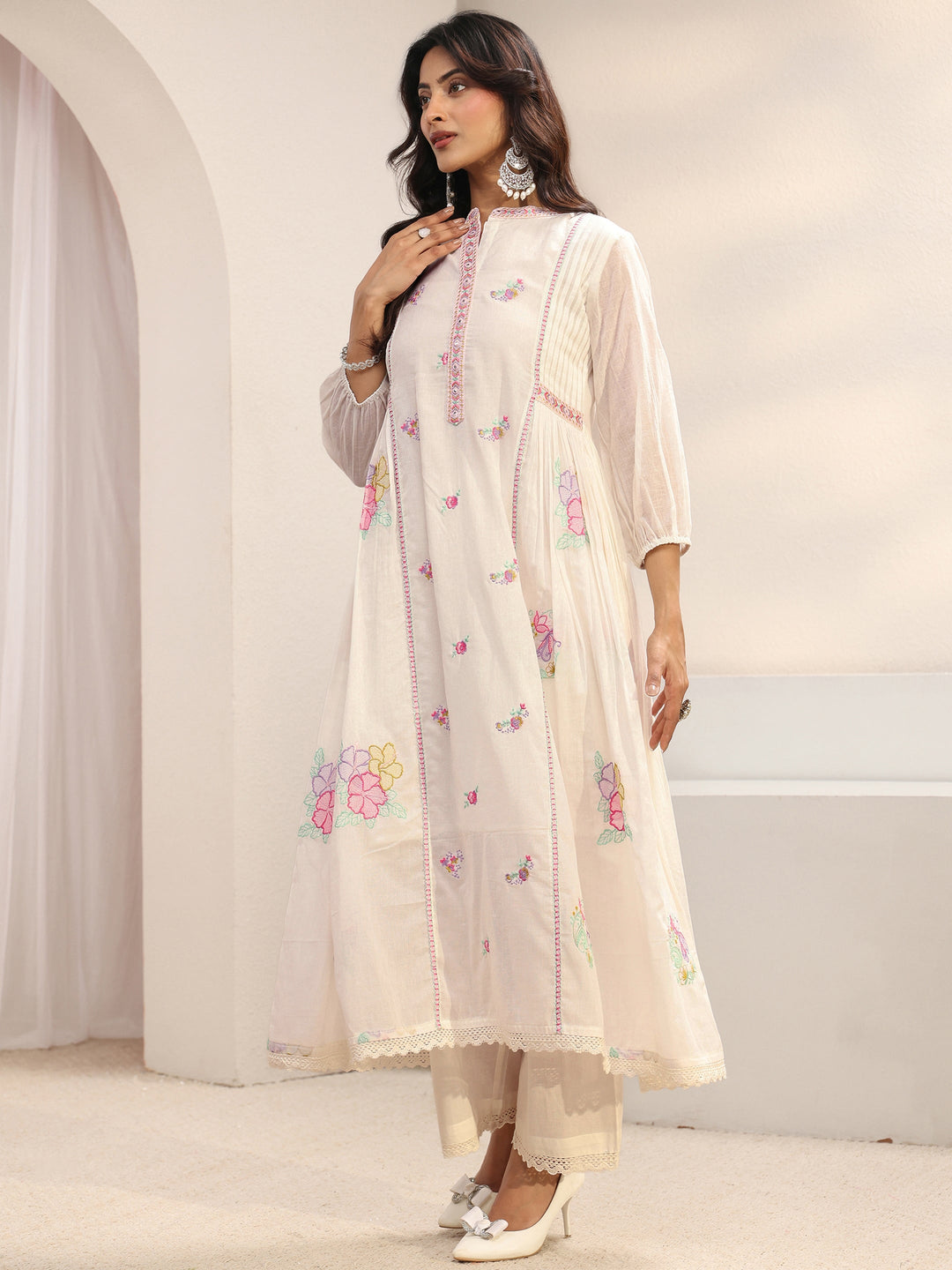 White Floral Embroidered Cotton Blend A-Line Suit Set With Dupatta
