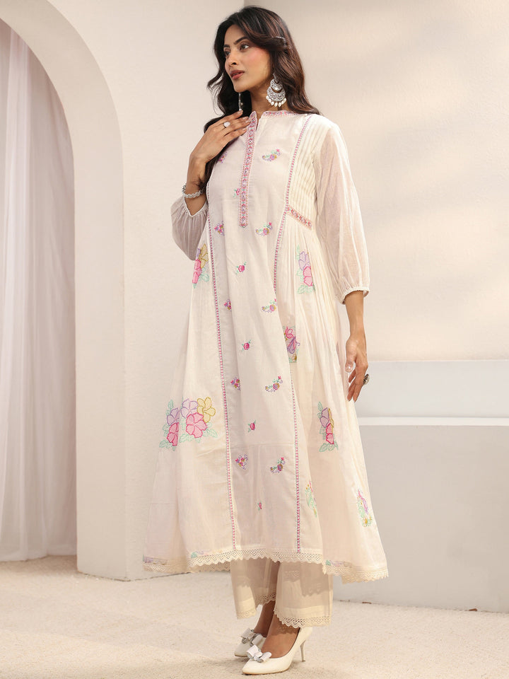 White Floral Embroidered Cotton Blend A-Line Suit Set With Dupatta