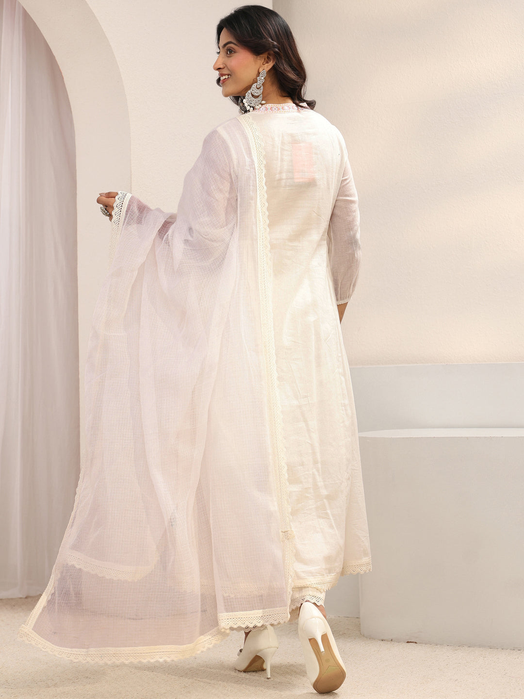 White Floral Embroidered Cotton Blend A-Line Suit Set With Dupatta