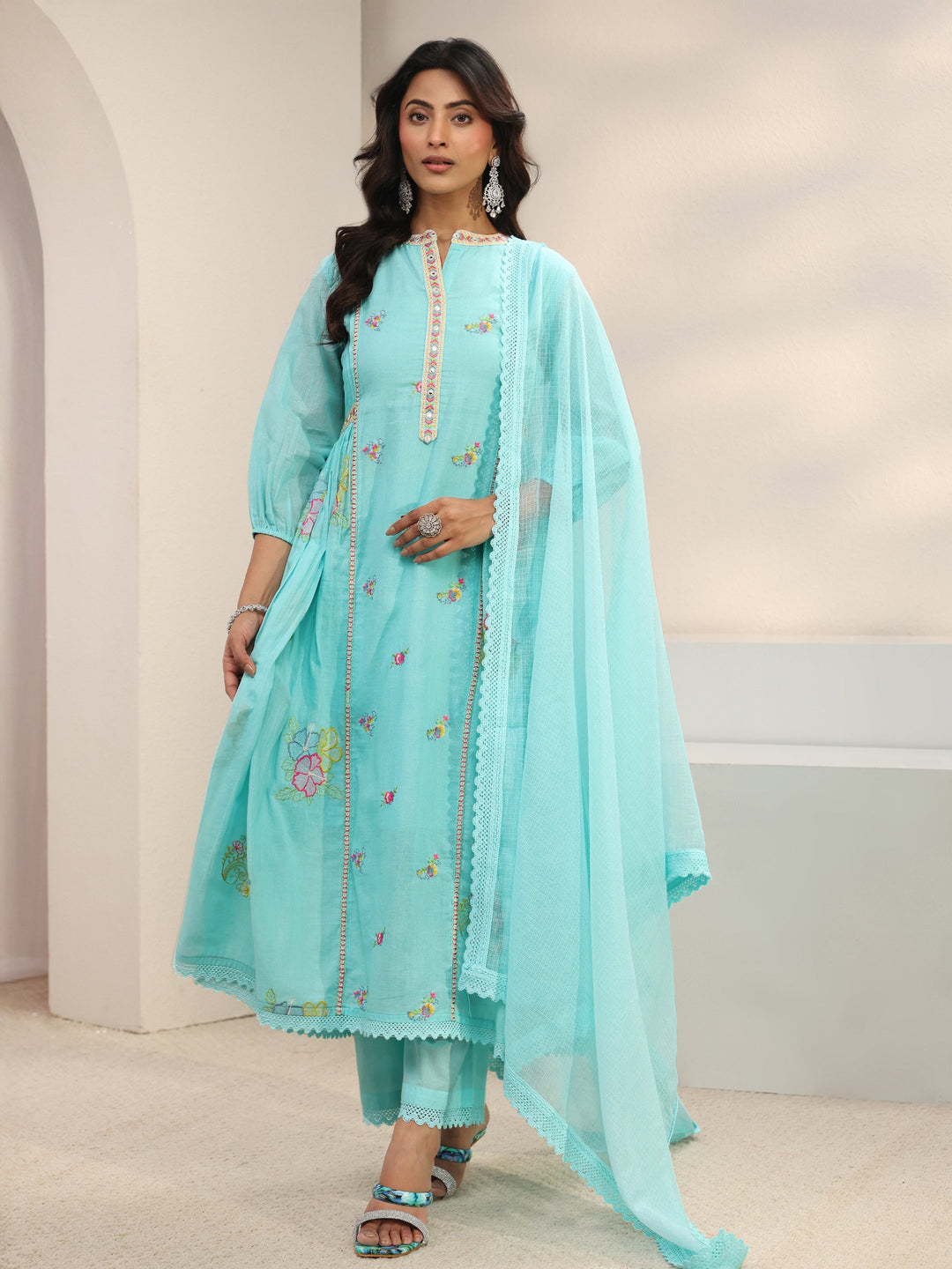 Libas Blue Floral Embroidered Cotton Blend A-Line Suit Set With Dupatta