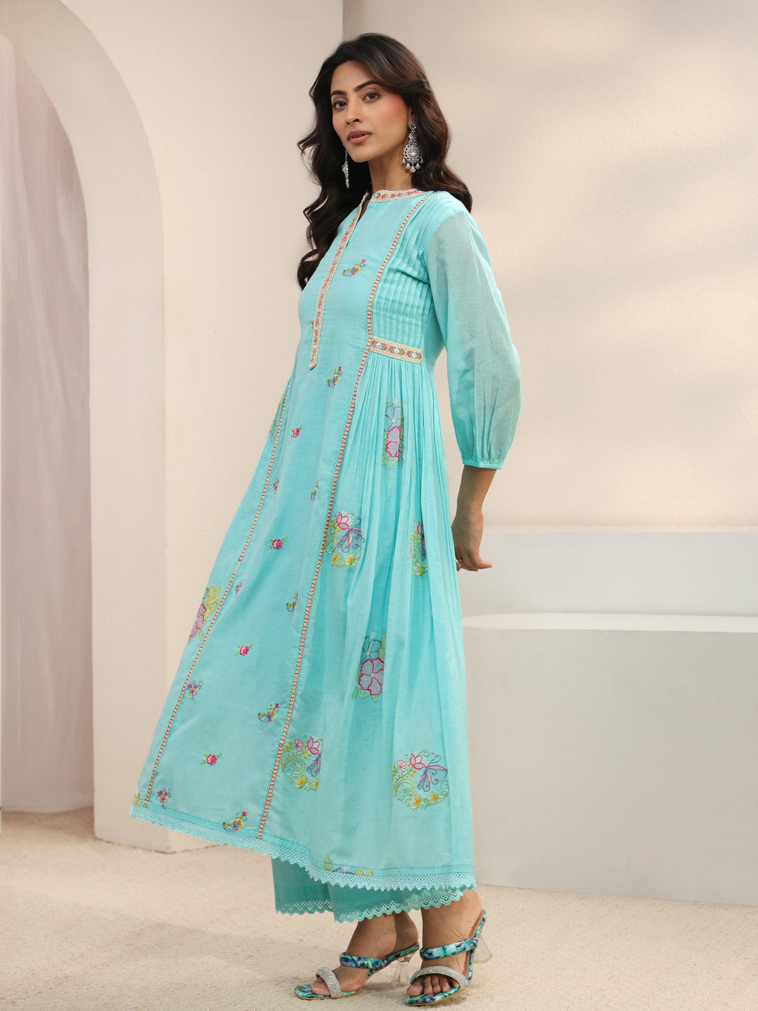 Libas Blue Floral Embroidered Cotton Blend A-Line Suit Set With Dupatta