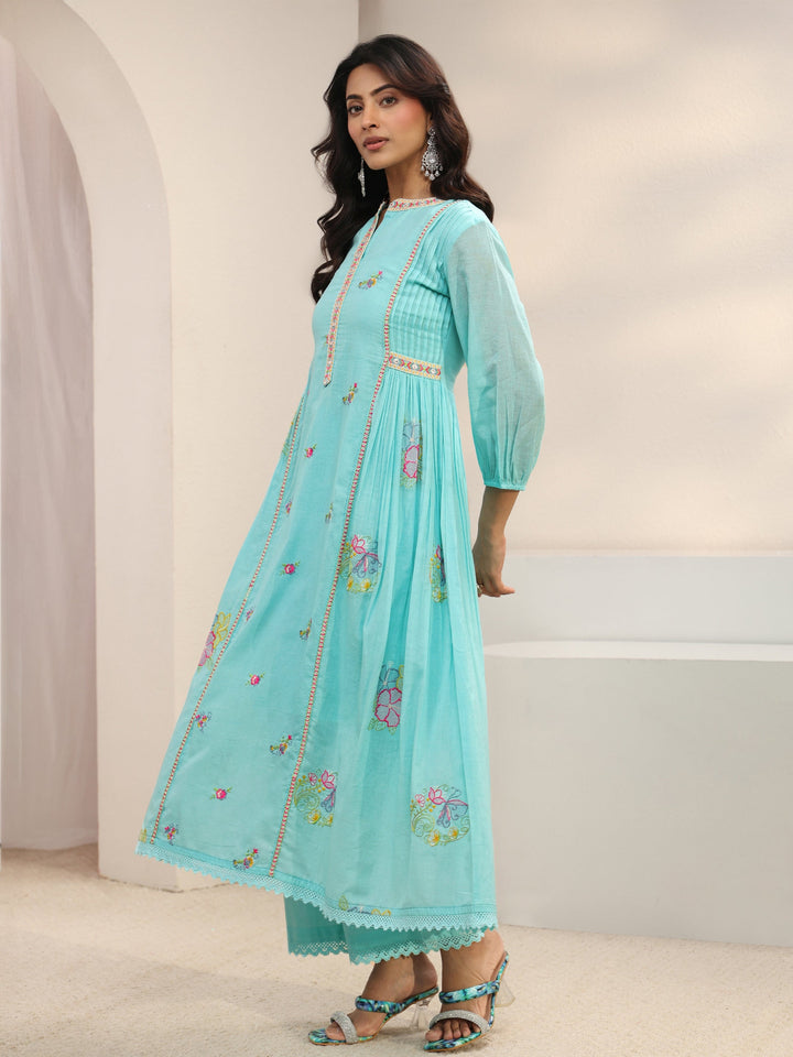 Libas Blue Floral Embroidered Cotton Blend A-Line Suit Set With Dupatta