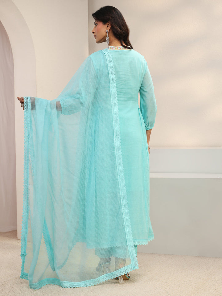 Libas Blue Floral Embroidered Cotton Blend A-Line Suit Set With Dupatta
