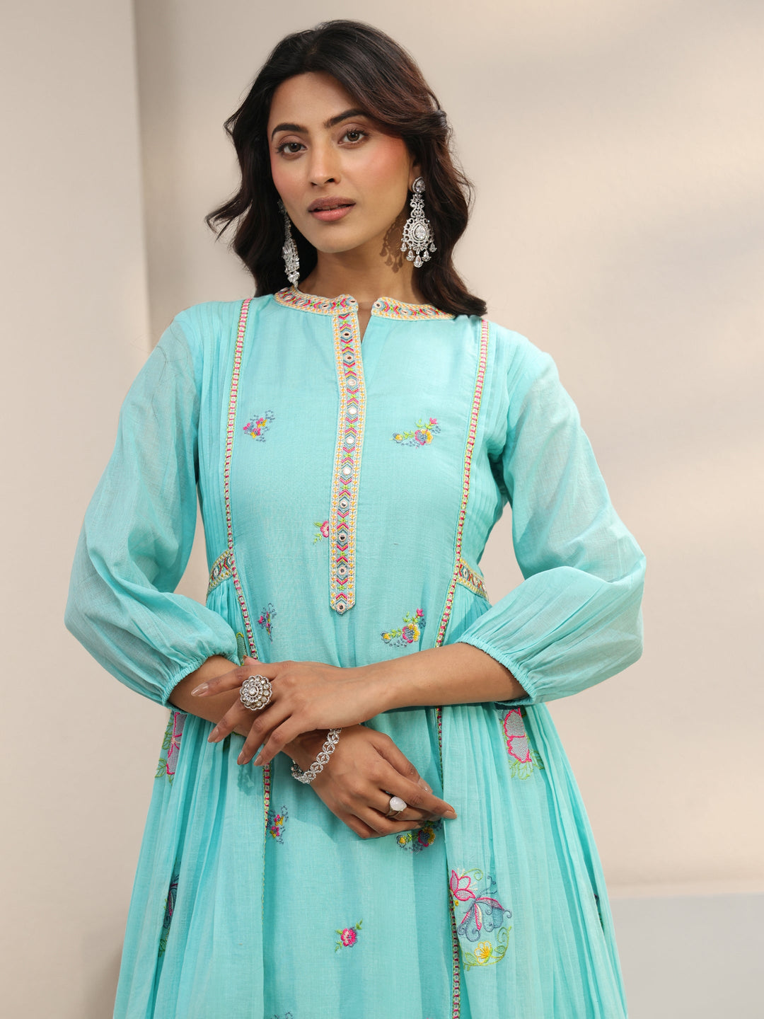 Libas Blue Floral Embroidered Cotton Blend A-Line Suit Set With Dupatta