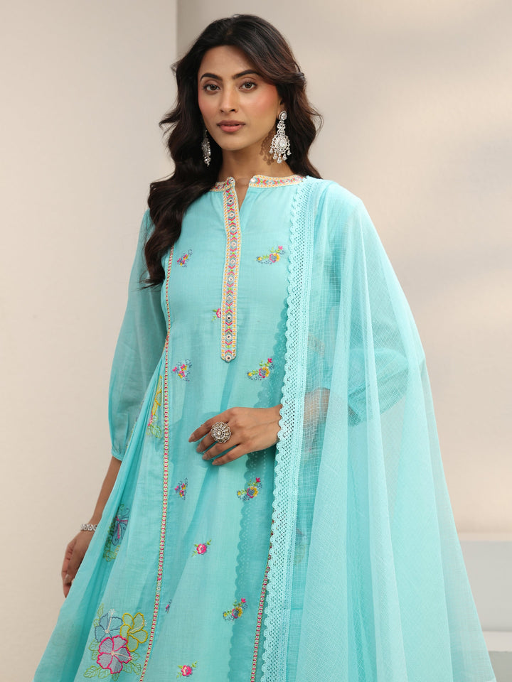 Libas Blue Floral Embroidered Cotton Blend A-Line Suit Set With Dupatta