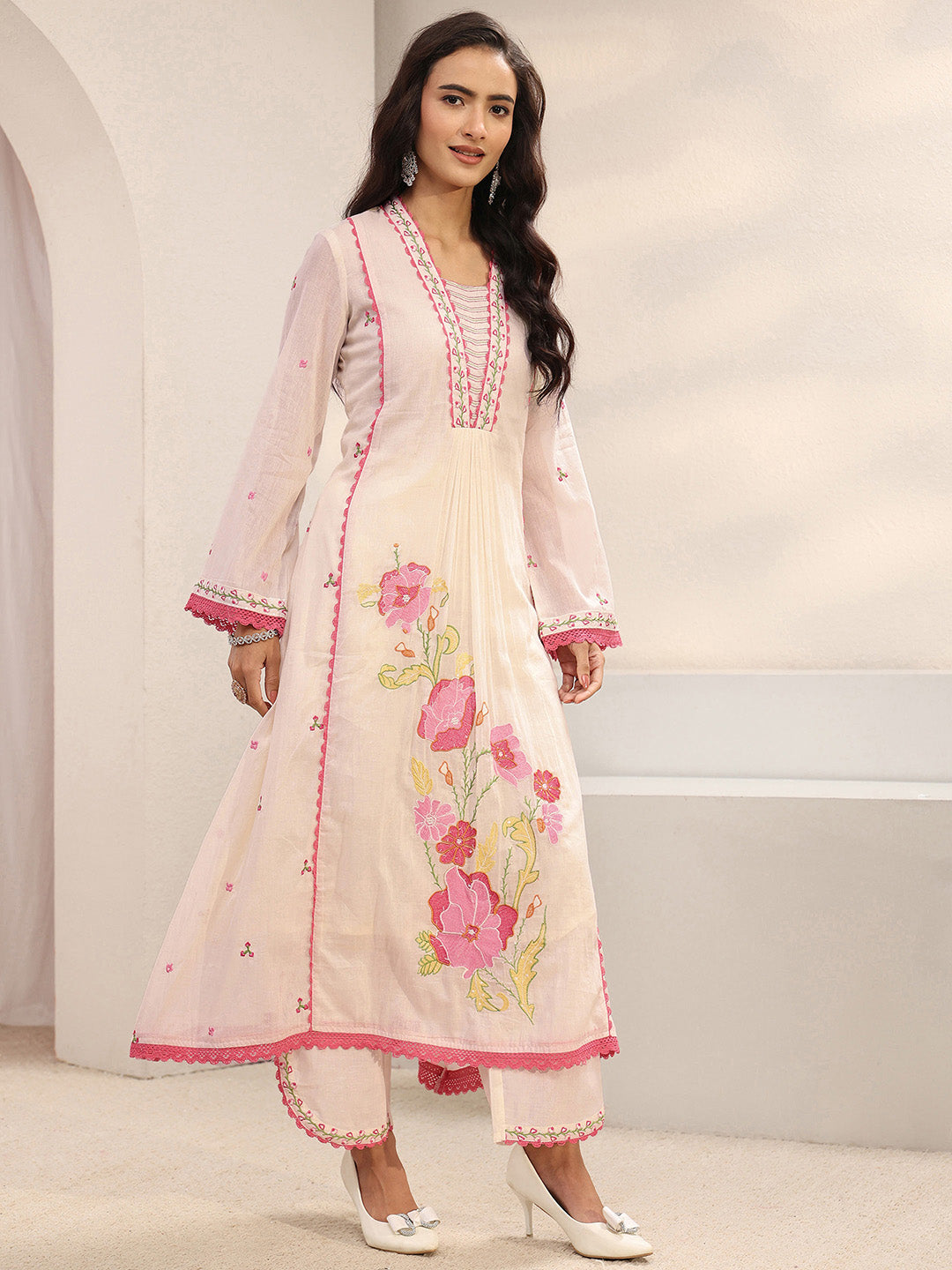 Off White Floral Embroidered Cotton Blend A-Line Suit Set With Dupatta