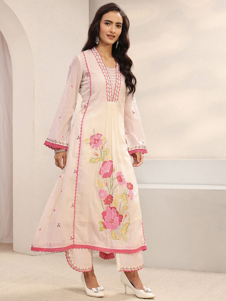 Off White Floral Embroidered Cotton Blend A-Line Suit Set With Dupatta