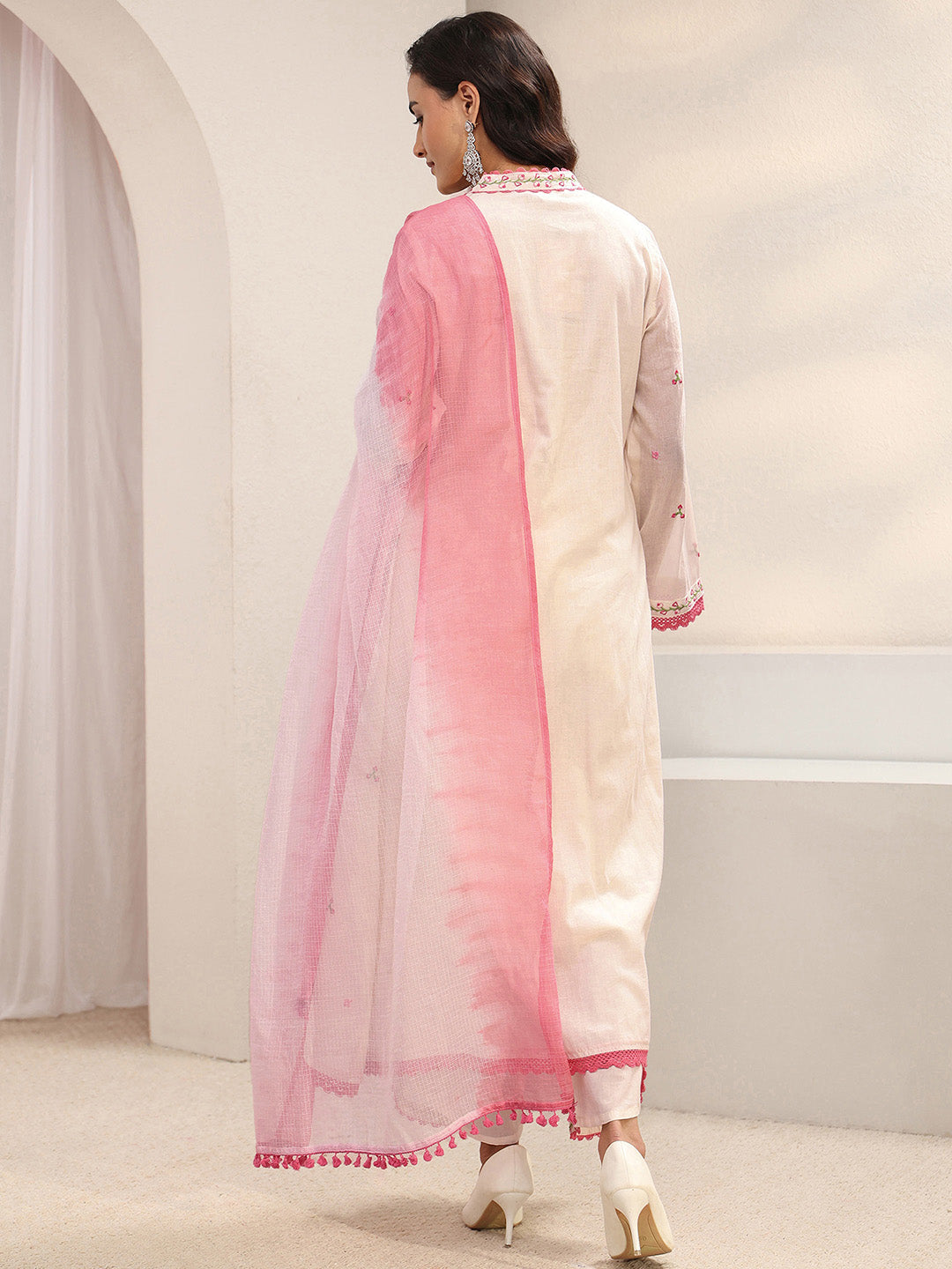 Off White Floral Embroidered Cotton Blend A-Line Suit Set With Dupatta