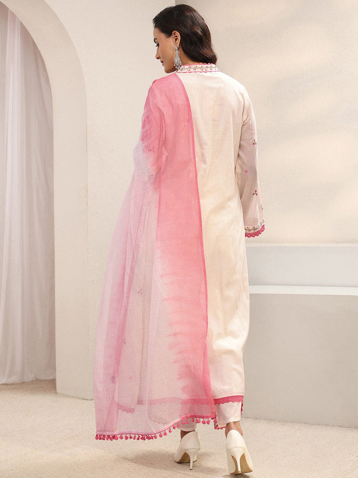 Off White Floral Embroidered Cotton Blend A-Line Suit Set With Dupatta