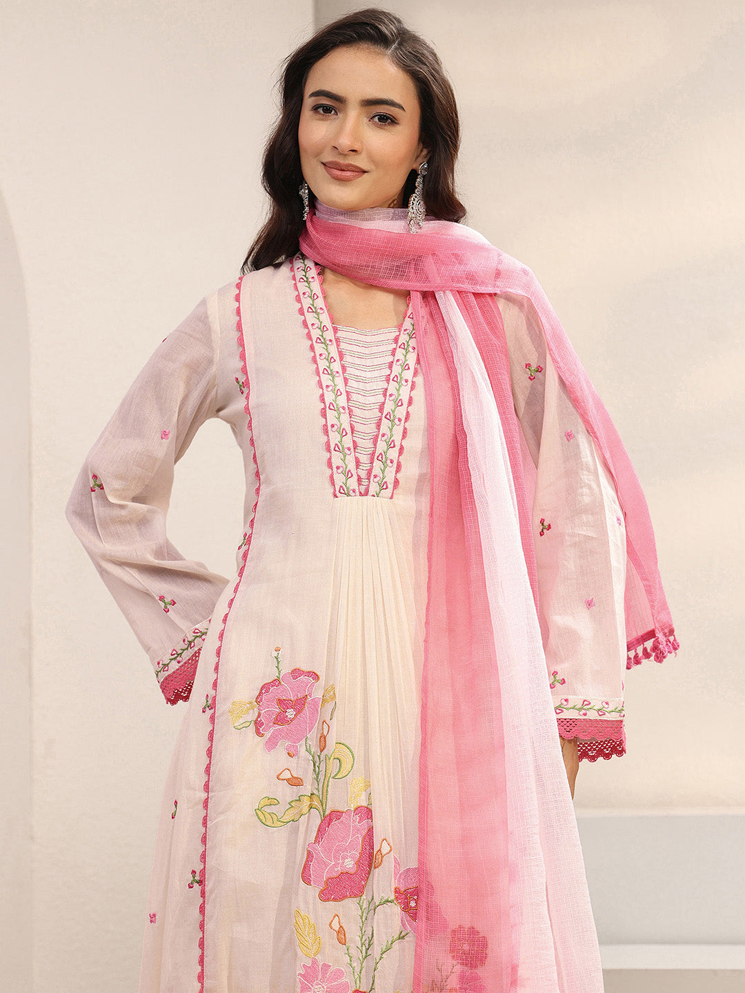 Off White Floral Embroidered Cotton Blend A-Line Suit Set With Dupatta