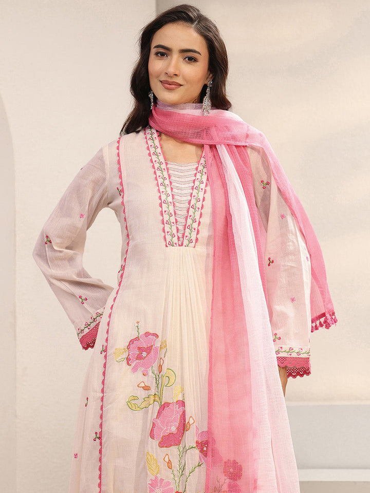 Off White Floral Embroidered Cotton Blend A-Line Suit Set With Dupatta
