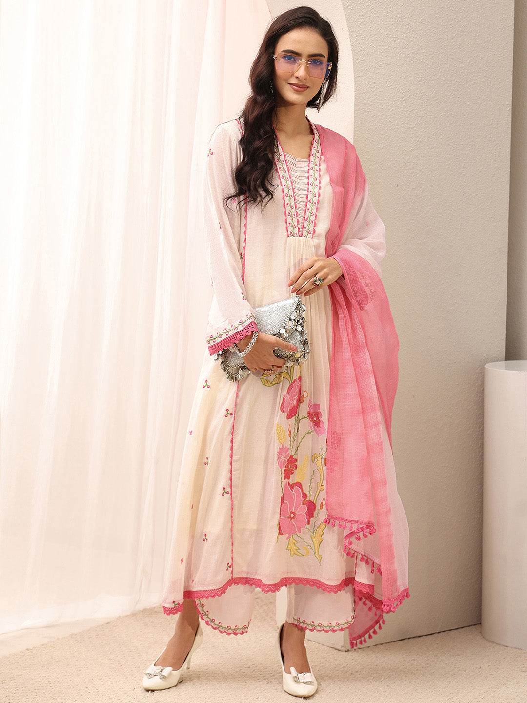 Off White Floral Embroidered Cotton Blend A-Line Suit Set With Dupatta