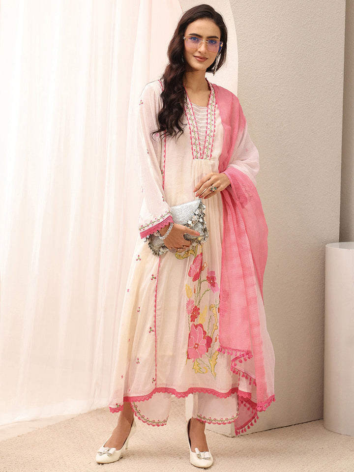 Off White Floral Embroidered Cotton Blend A-Line Suit Set With Dupatta