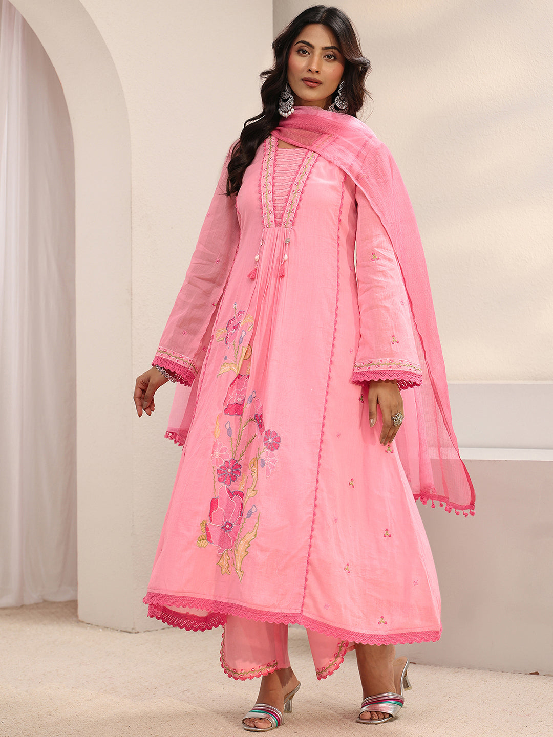 Pink Floral Embroidered Cotton Blend A-Line Suit Set With Dupatta