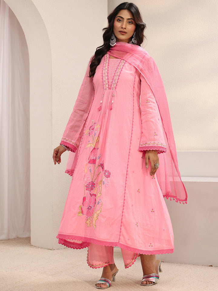 Pink Floral Embroidered Cotton Blend A-Line Suit Set With Dupatta