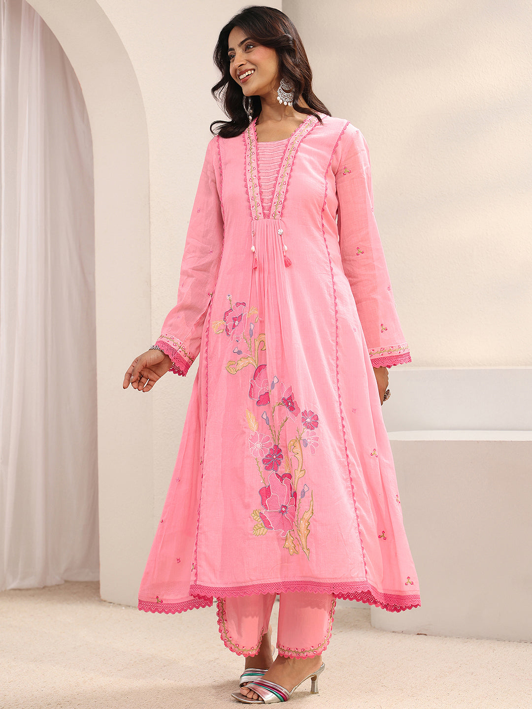 Pink Floral Embroidered Cotton Blend A-Line Suit Set With Dupatta