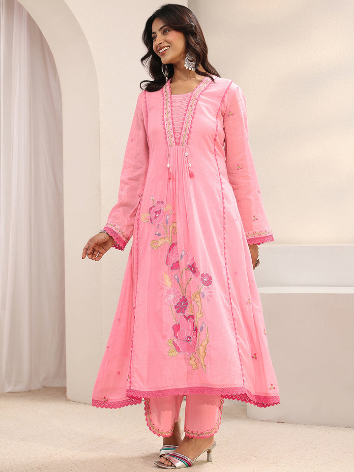 Pink Floral Embroidered Cotton Blend A-Line Suit Set With Dupatta