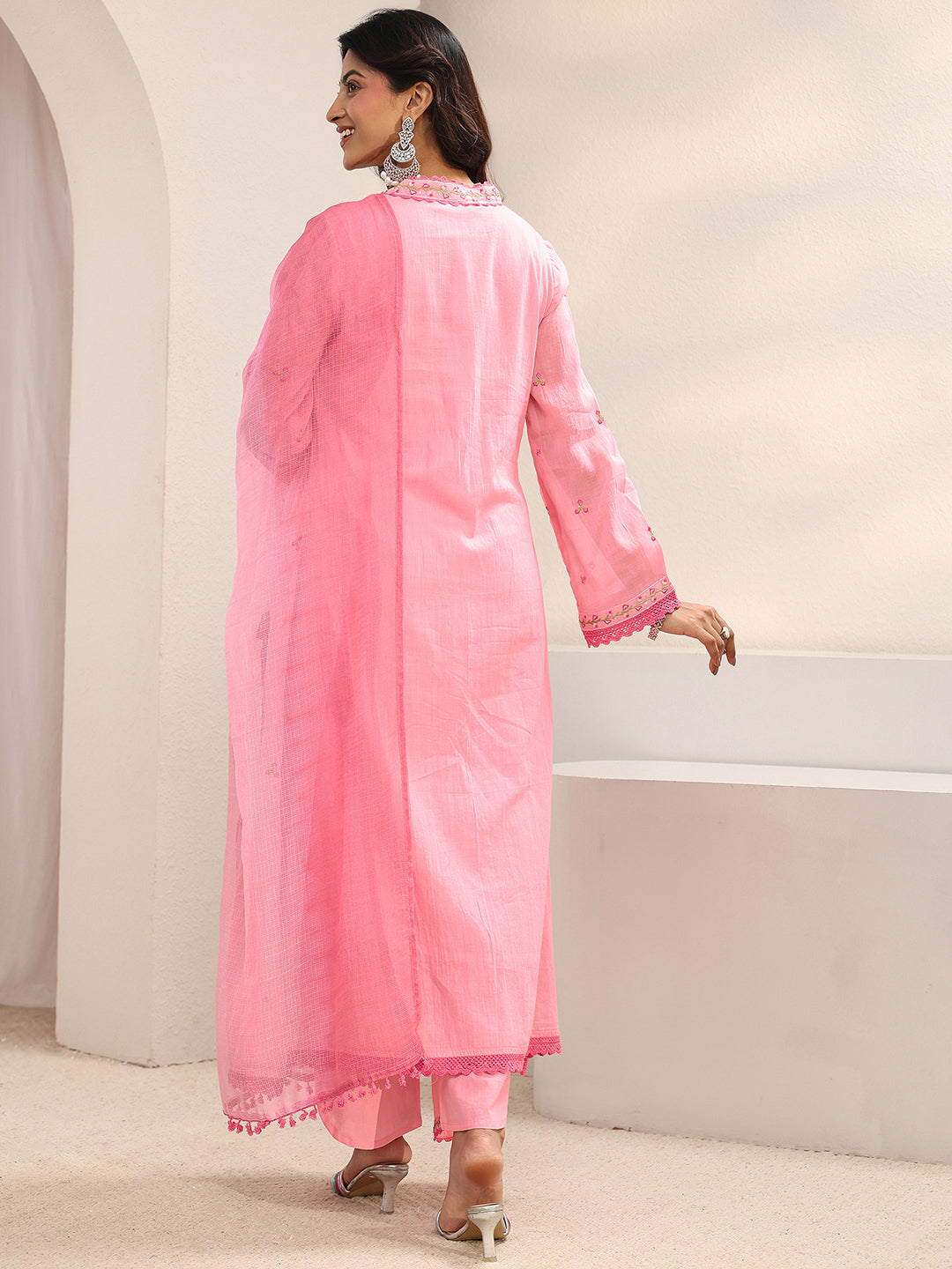 Pink Floral Embroidered Cotton Blend A-Line Suit Set With Dupatta