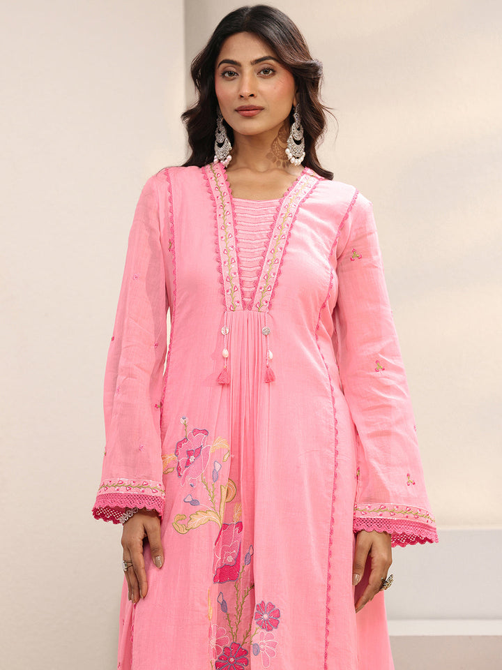 Pink Floral Embroidered Cotton Blend A-Line Suit Set With Dupatta