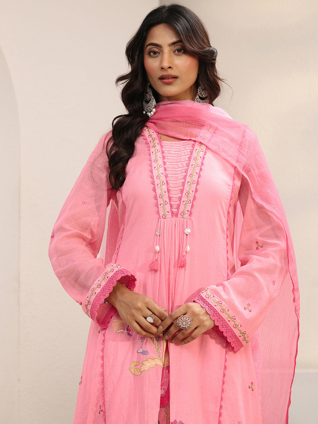 Pink Floral Embroidered Cotton Blend A-Line Suit Set With Dupatta