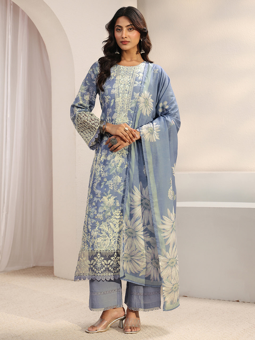 Libas Blue Floral Embroidered Cotton Blend Straight Suit Set With Dupatta