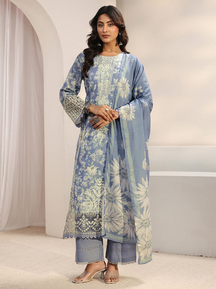 Libas Blue Floral Embroidered Cotton Blend Straight Suit Set With Dupatta