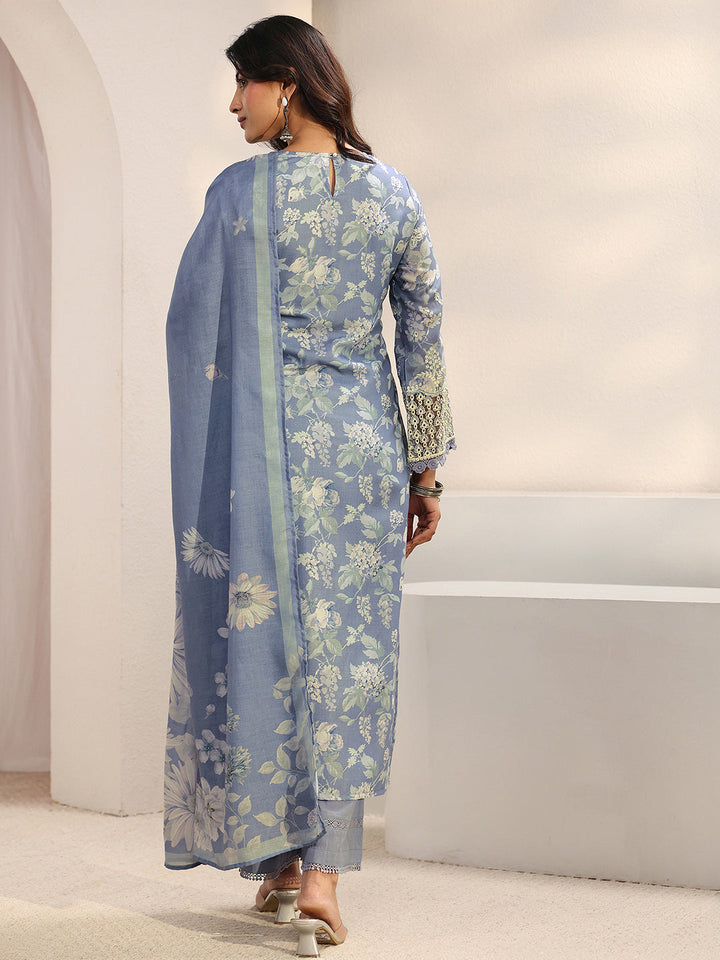 Libas Blue Floral Embroidered Cotton Blend Straight Suit Set With Dupatta