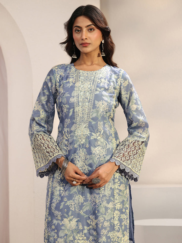 Libas Blue Floral Embroidered Cotton Blend Straight Suit Set With Dupatta