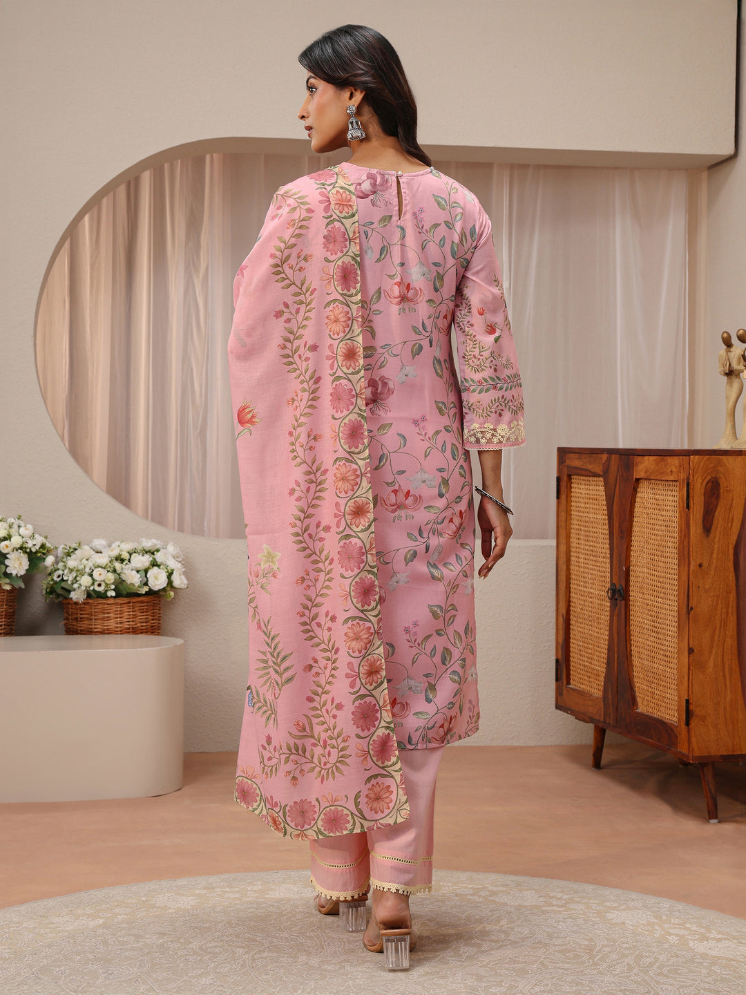 Pink Floral Printed Cotton Blend Straight Suit Set