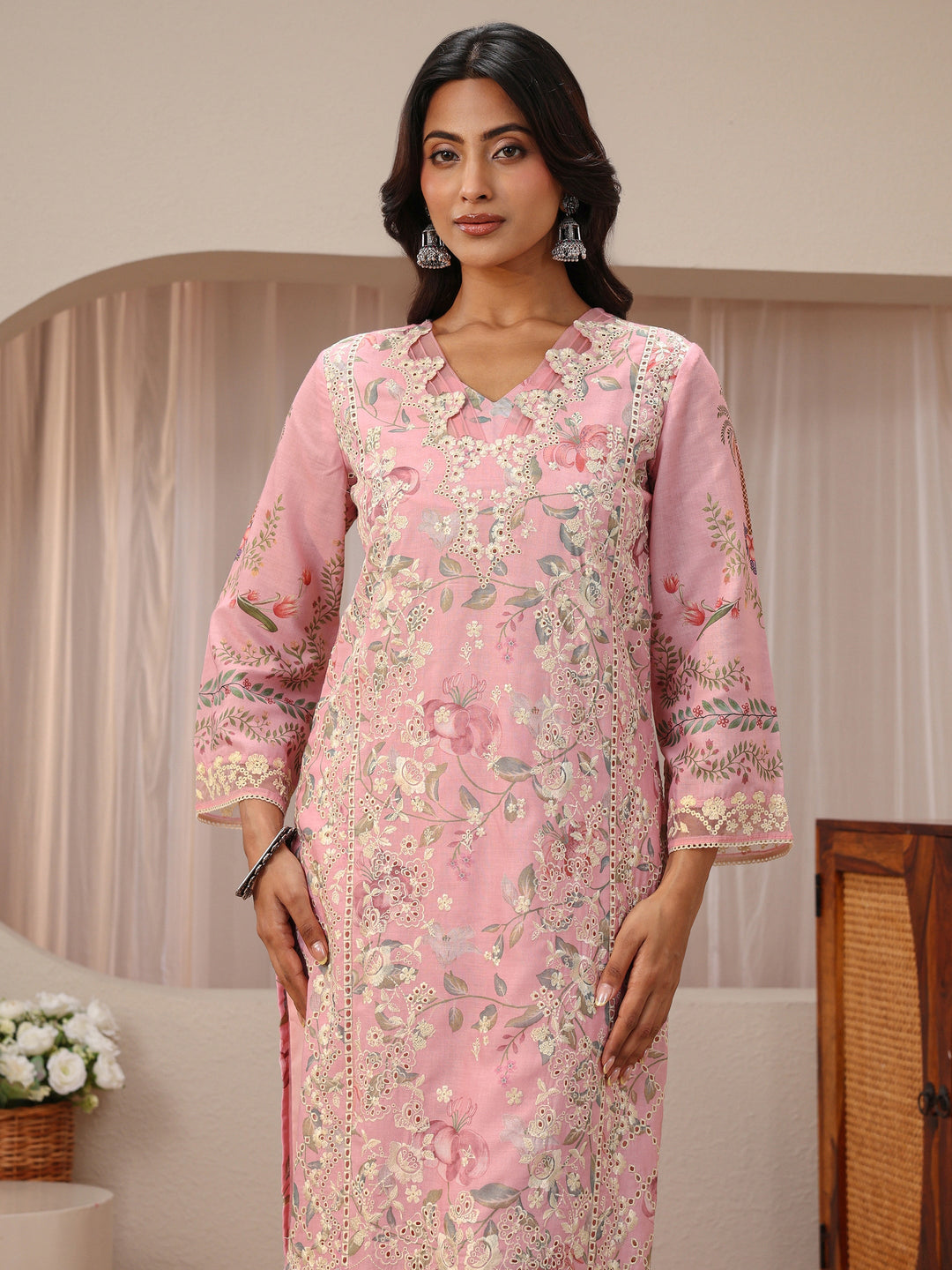Pink Floral Printed Cotton Blend Straight Suit Set
