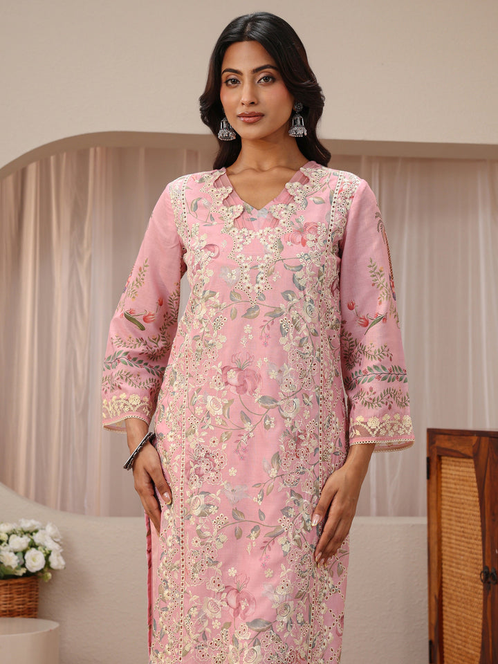 Pink Floral Printed Cotton Blend Straight Suit Set