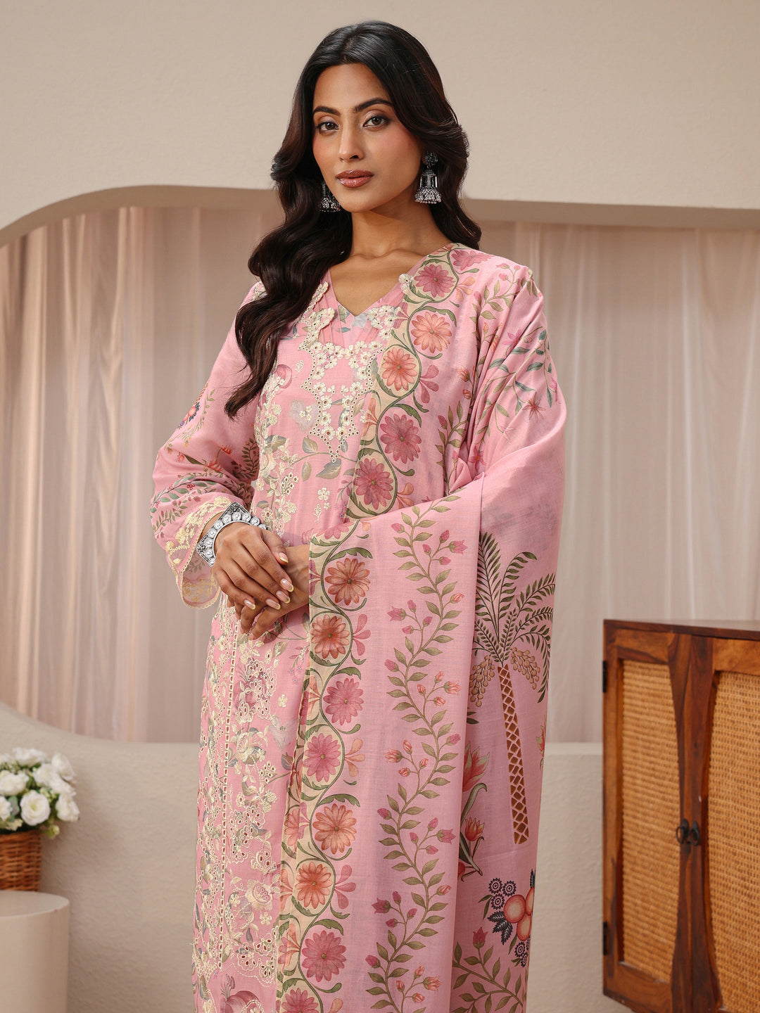 Pink Floral Printed Cotton Blend Straight Suit Set