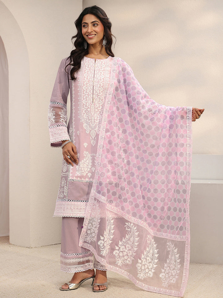 Lavender Ethnic Embroidered Cotton Straight Suit Set With Dupatta
