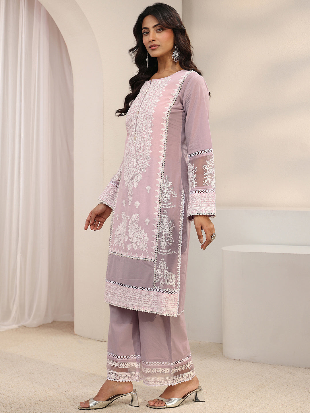 Lavender Ethnic Embroidered Cotton Straight Suit Set With Dupatta