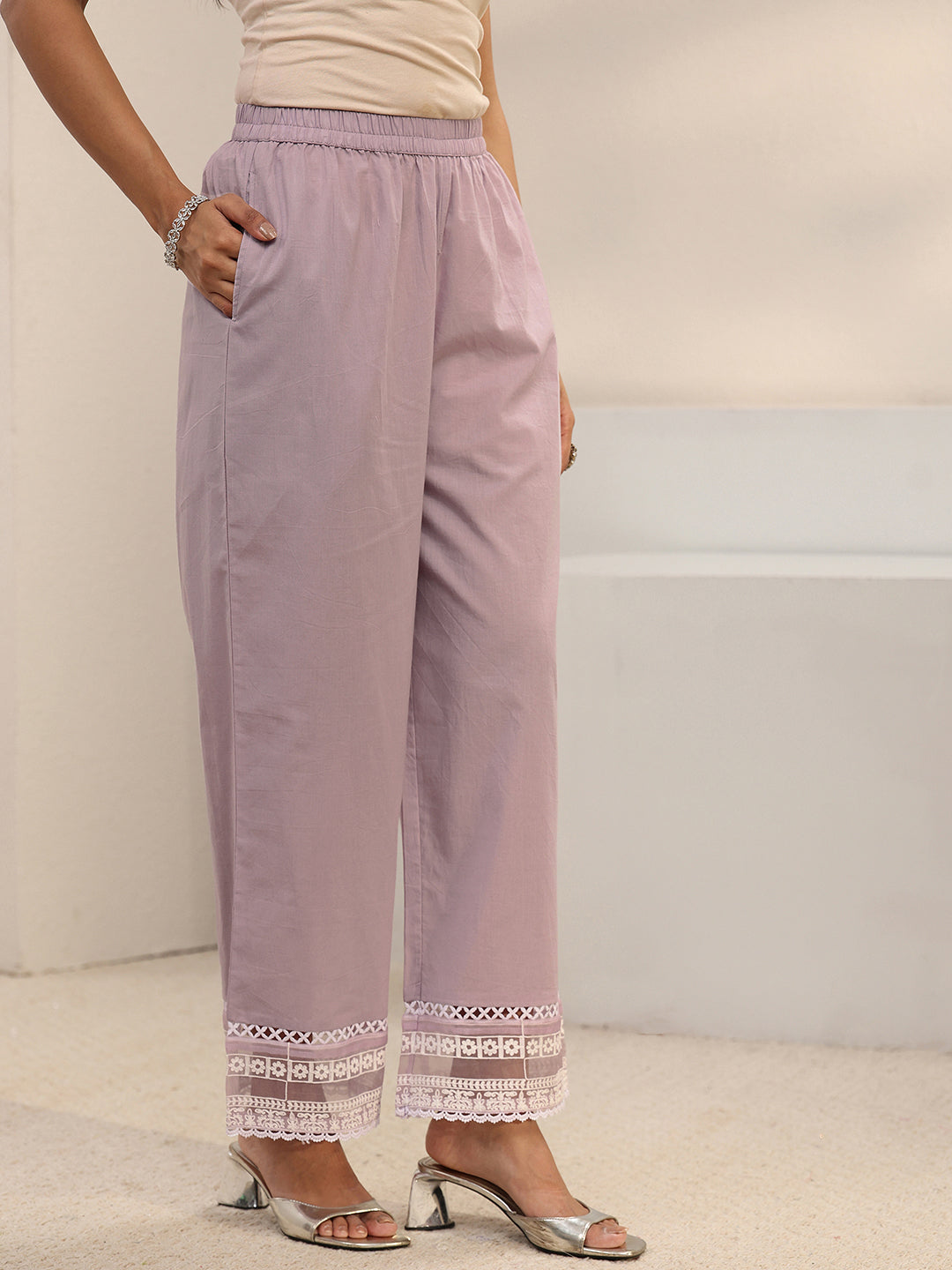 Lavender Ethnic Embroidered Cotton Straight Suit Set With Dupatta