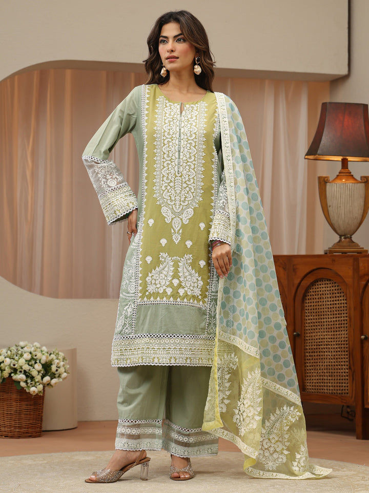 Pastel Green Floral Embroidered Cotton Straight Suit Set