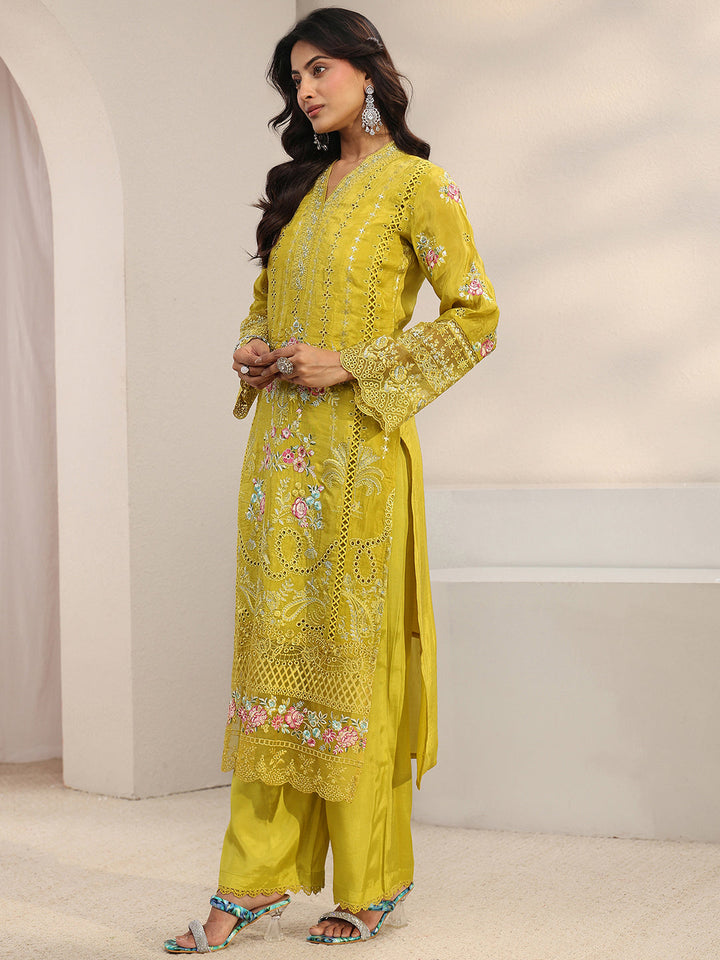 Green Floral Embroidered Silk Blend Straight Suit Set With Dupatta