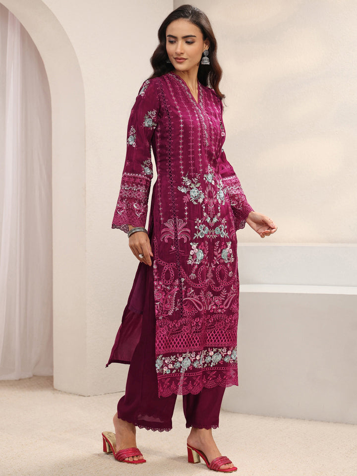 Maroon Ethnic Embroidered Silk Blend Straight Suit Set With Dupatta