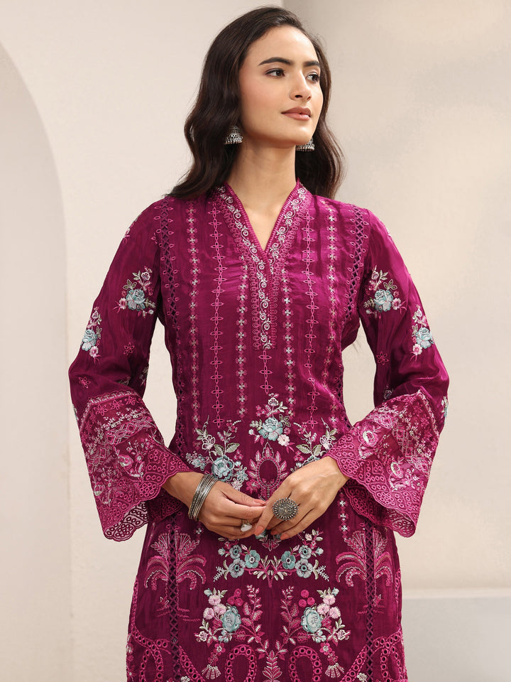 Maroon Ethnic Embroidered Silk Blend Straight Suit Set With Dupatta