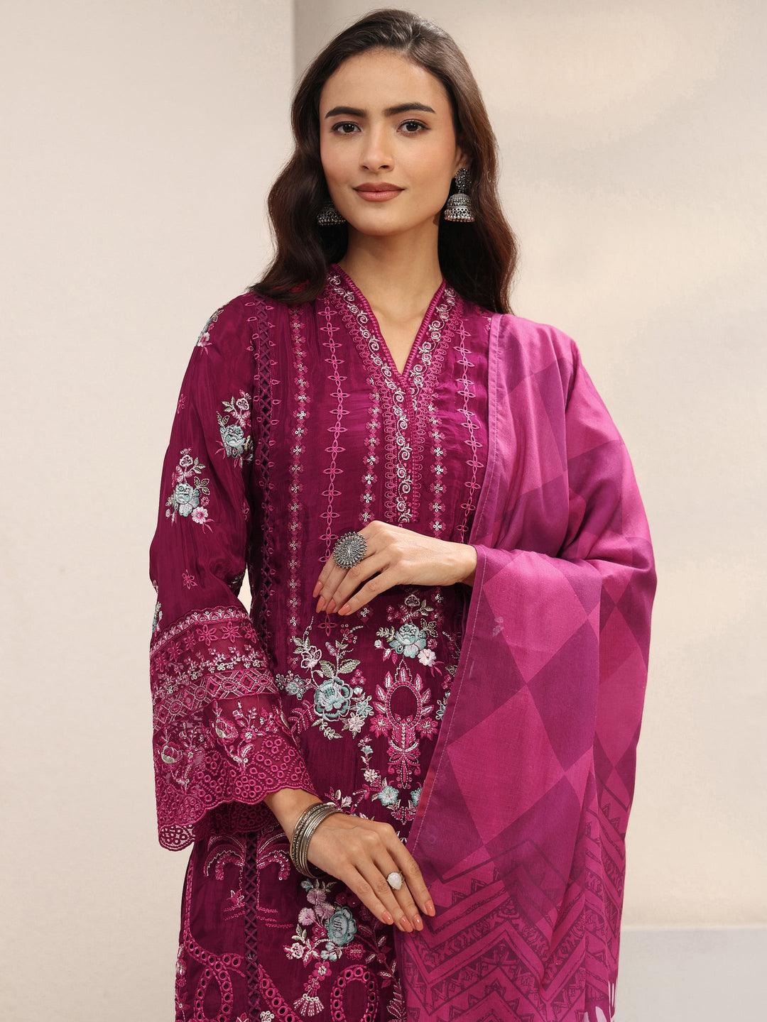 Maroon Ethnic Embroidered Silk Blend Straight Suit Set With Dupatta